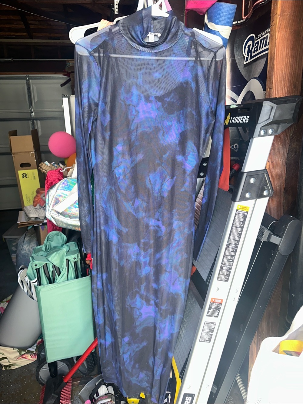 Steve Madden Long Sleeve Mesh Blue & Black Printed Maxi Dress